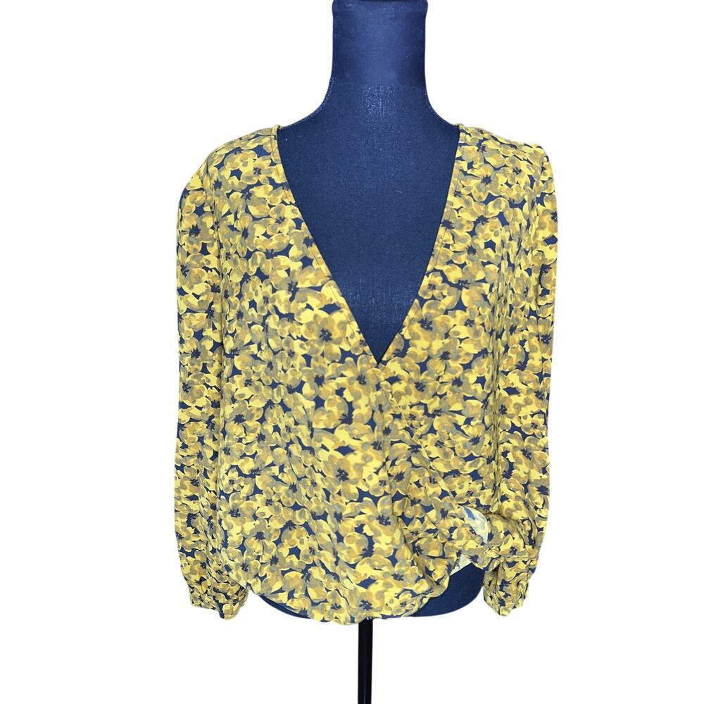 A New Day Yellow Floral Wrap Blouse Women L V-Neck Long Sleeve Top feminine - Picture 2 of 6